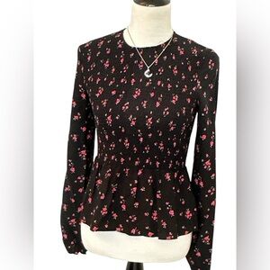 H&M Black Smocked Ruffled Blouse with Pink Rosebud Floral Design Size S